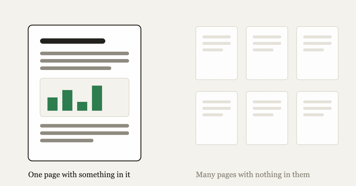 One substantial page with original data next to a grid of thin identical pages, illustrating value versus scale